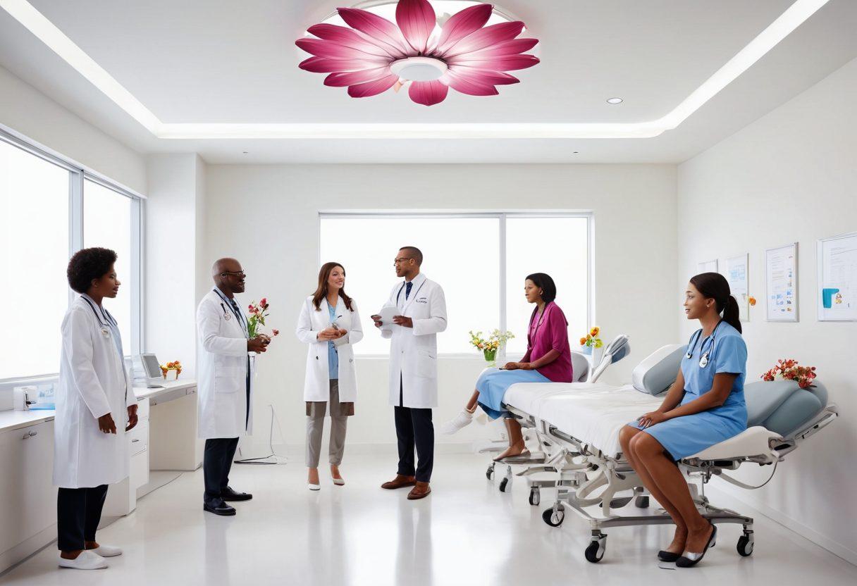 A dynamic depiction of a diverse group of patients and healthcare professionals in a bright, modern clinic, showcasing advanced technology and personalized care. Include elements symbolizing hope and resilience, like a blooming flower or a glowing light. The scene should reflect collaboration and empowerment with a warm and inviting atmosphere. super-realistic. vibrant colors. white background.