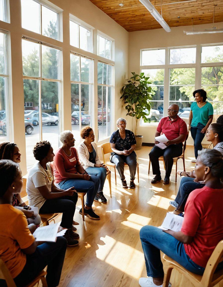 An inspiring scene of a diverse group of survivors gathered in a sunlit community center, engaging in supportive conversations. Show a mix of individuals, including different ages and backgrounds, sharing resources and joyfully connecting. Incorporate elements of care, such as pamphlets about health options and a community board displaying local events. Capture a warm, uplifting atmosphere with vibrant colors and natural light streaming in. super-realistic. vibrant colors. indoor community setting.
