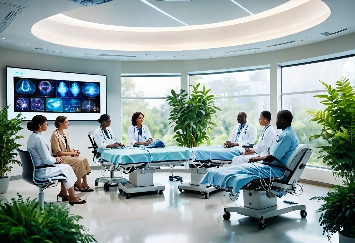 A hopeful and serene scene depicting a diverse group of patients and healthcare professionals collaborating over high-tech medical devices, with dynamic visuals of futuristic therapies in action. The background features a bright, open hospital space infused with greenery, symbolizing healing and innovation. Include soft, warm lighting to evoke a sense of comfort and optimism. super-realistic. vibrant colors. white background.
